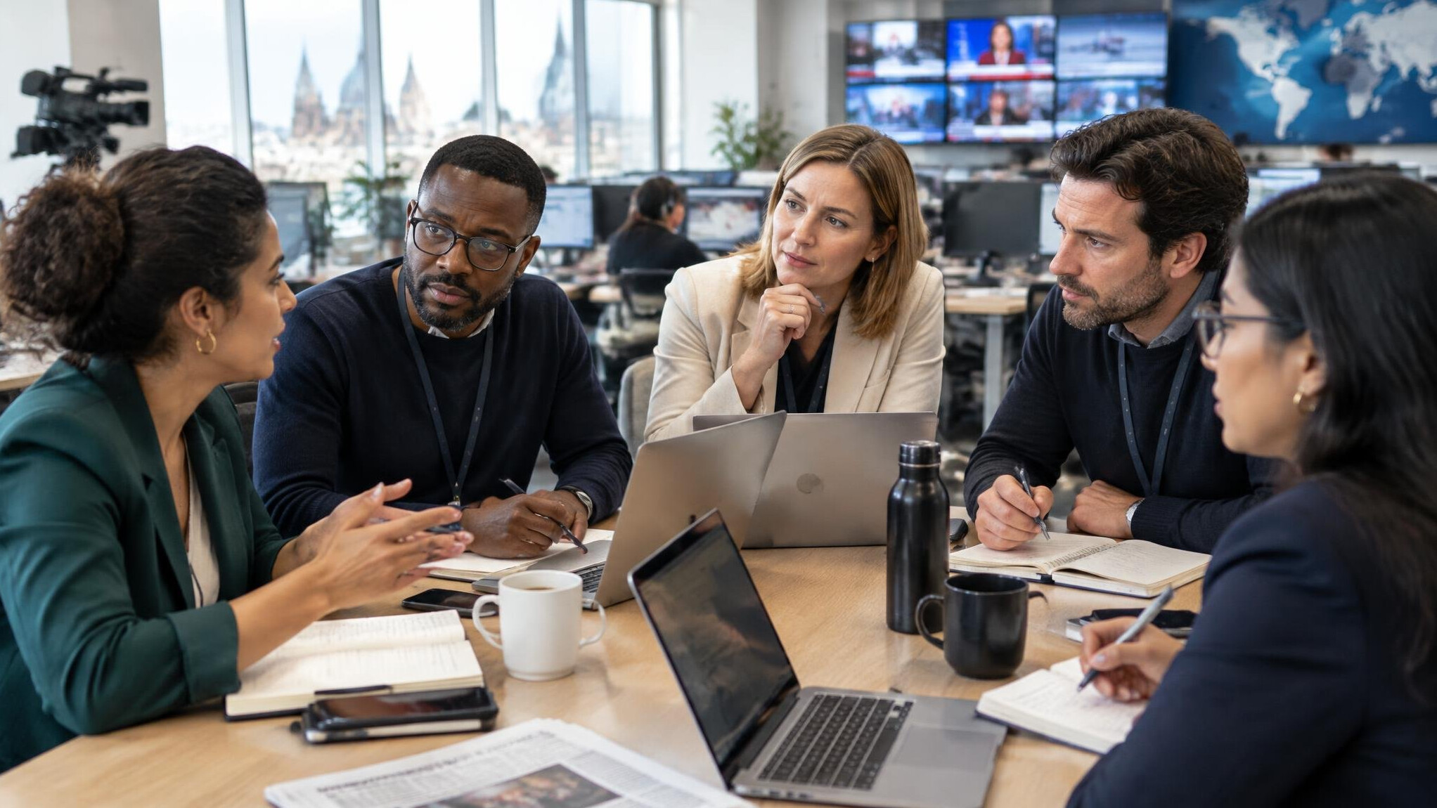 Editorial team meeting around a table with laptops